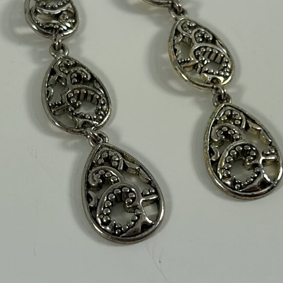 Silver Tone Earrings Triple Tier Teardrop Dangle Open Work Ornate 2.5" Drop - Picture 3 of 7